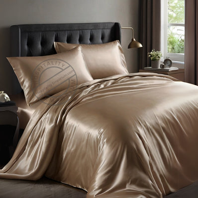 KING Bed Sheet Set (Flat x1 + Fitted x1 + PC X2) in Elegant colors RED / CHAMPAGNE / CHARCOAL GREY / SILVER Fabric Luxury Satin 4pc/ Set Clearance Price $10/ set - bu