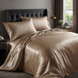 KING Bed Sheet Set (Flat x1 + Fitted x1 + PC X2) in Elegant colors RED / CHAMPAGNE / CHARCOAL GREY / SILVER Fabric Luxury Satin 4pc/ Set Clearance Price $10/ set - bu