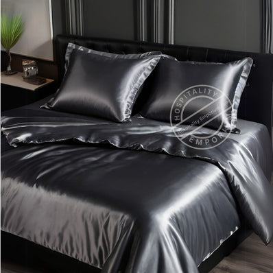 KING Bed Sheet Set (Flat x1 + Fitted x1 + PC X2) in Elegant colors RED / CHAMPAGNE / CHARCOAL GREY / SILVER Fabric Luxury Satin 4pc/ Set Clearance Price $10/ set - bu