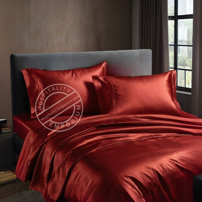 KING Bed Sheet Set (Flat x1 + Fitted x1 + PC X2) in Elegant colors RED / CHAMPAGNE / CHARCOAL GREY / SILVER Fabric Luxury Satin 4pc/ Set Clearance Price $10/ set - bu