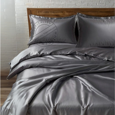 KING Bed Sheet Set (Flat x1 + Fitted x1 + PC X2) in Elegant colors RED / CHAMPAGNE / CHARCOAL GREY / SILVER Fabric Luxury Satin 4pc/ Set Clearance Price $10/ set - bu