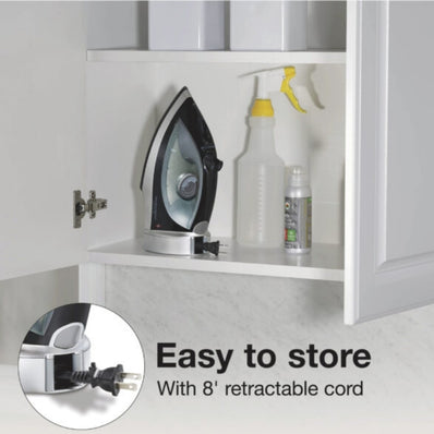 Hamilton Beach Electric Iron, Retractable Cord, ASO, Spray & Blast, Adj. Steam, Reset Button, Non-Stick Soleplate, Black/Silver