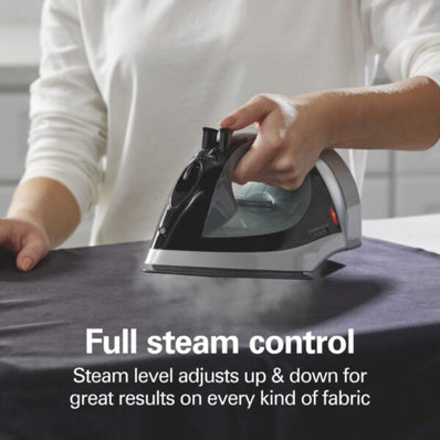 Hamilton Beach Electric Iron, Retractable Cord, ASO, Spray & Blast, Adj. Steam, Reset Button, Non-Stick Soleplate, Black/Silver