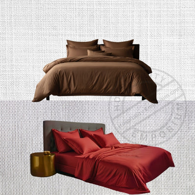 QUEEN Bed Sheet Set (Flat x1 + Fitted x1 + PC X2) in Elegant colors CHOC BROWN/ RED Fabric Extra Soft Plush Microfiber 4pc/ Set Clearance Price $10/ set
