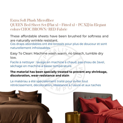 QUEEN Bed Sheet Set (Flat x1 + Fitted x1 + PC X2) in Elegant colors CHOC BROWN/ RED Fabric Extra Soft Plush Microfiber 4pc/ Set Clearance Price $10/ set
