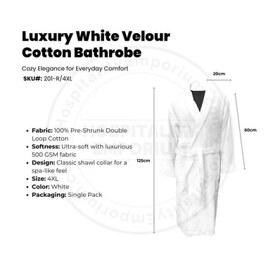 Luxury Velour (100%C Pre-Shrunk) Double Loop Cotton 500GSM Shawl Collar Bathrobe Unisex White size: 4XL 2/Pack