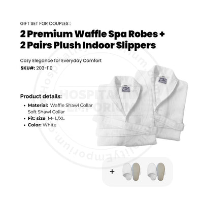 GIFT SET FOR COUPLES 2 Premium Waffle Shawl Collar Spa Robes White Size: M- L/XL + 2 Pairs Plush Indoor Slippers Unisex 1/Pack