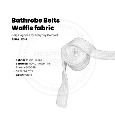 Bathrobe Belts Waffle fabric (60%C-40%P Pre-Shrunk) 300GSM Robe Belt Standard size 70"L White 12/Pack