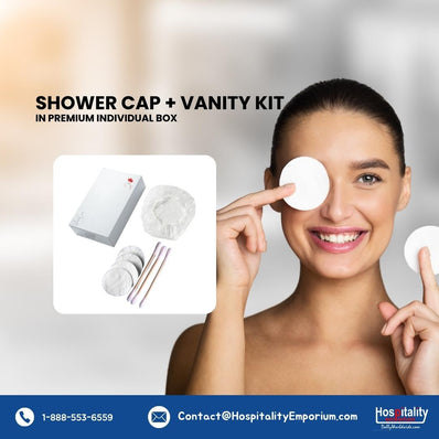 Shower Cap + Vanity Kit (Bamboo Ear Buds + Cotton Pads + Nail File) Guest Bathroom Amenity Premium individual Box packing (Count 200's/Pack)