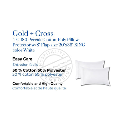 T180 Percale Cotton-Poly Pillow Protector w/8" Flap size 20"x36" KING color White 12/Pack