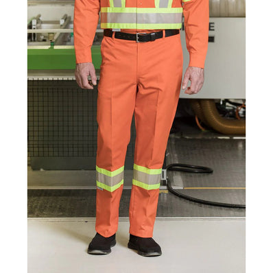 Work Pants Poly/Cotton with 4" Relfective/Silver Tape, Button Closures Color Orange Available sizes S-XL (Sold as 3's/ Pack)