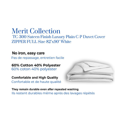 T-300 Sateen Finish Luxury Plain C-P Duvet Cover ZIPPER FULL Size 82"x90" White 2/Pack