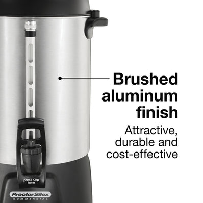 Proctor Silex Commercial, Alum. Urn, 60 cup, one hand dispensing, coffee level indicator