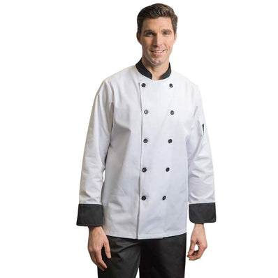 Premium Chef Coat Poly/Cotton Twill Long Sleeve with Sleeve Pocket Plastic Button Closures Color White with accent Trim Available sizes XS-XL