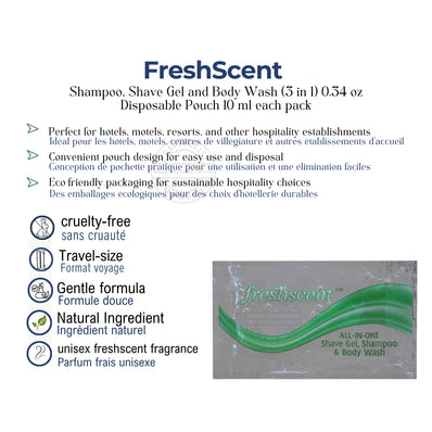 Freshscent™ Shampoo, Shave Gel and Body Wash (3 in 1) 0.34 oz Disposable Pouch 10 ml (Count 1000's/Pack)