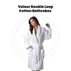 Velour (100%C) Double Loop Cotton 400GSM Shawl Collar Plain Bathrobes White Unisex 2/Pack