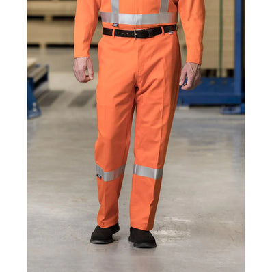 High-Vis Flame-Resistant Work Pants Cotton/Nylon With 2" Silver Tape, Multiple Pockets Color Orange Available sizes 34-42 (Sold as 2's/ Pack)