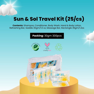 Sun+Sol Travel Kit - Shampoo, Conditioner, Body Wash, Lotion, Refreshing Bar, Massage Bar