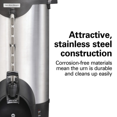 Hamilton Beach Commercial, Stainless Steel Urn, 100 cup, one hand dispensing, coffee level indicator