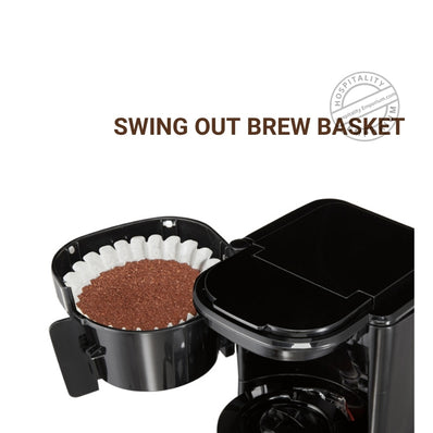 Hamilton Beach Coffee Maker 4 Cup Hospitality Rated, ASO, Swing/Lift Off Brew Basket, Black w/ Glass Carafe