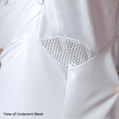 Premium Chef Coat Poly/Cotton Brushed Twill Long Sleeve with Mesh Yoke Flat Cloth-Covered Buttton Closures w/ 1 Chest Pocket and 1 Sleeve Pocket Color White Size XS-XL