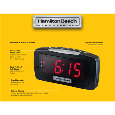 Hamilton Beach Clock radio, 1.2" LED display, Dimmer Feature, Snooze, AM/FM , PM Indicator, Snooze, Alarm On Indicator