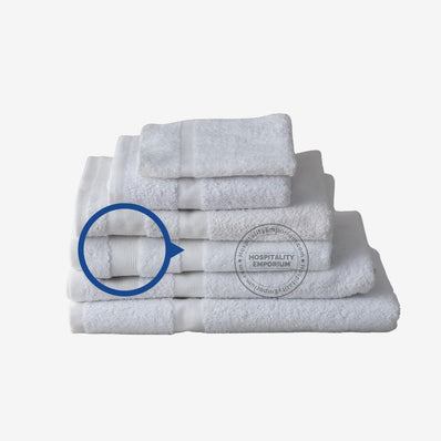 WHITE Economy Bath Towel Cam Border Cotton-Poly Blend 24x48" #8.0 lbs/ dz