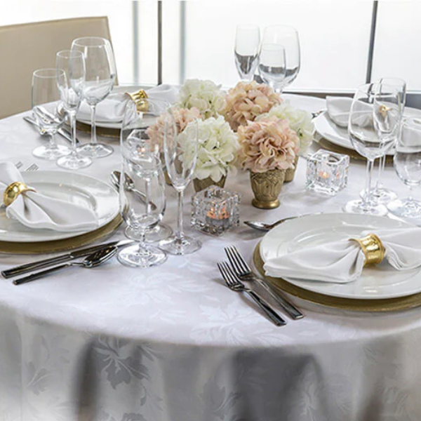 Table Cloth 132"x132"Fabric 6.4 oz. 100% Spun Filament Poly Milliken USA "Damask Leaf" color WHITE